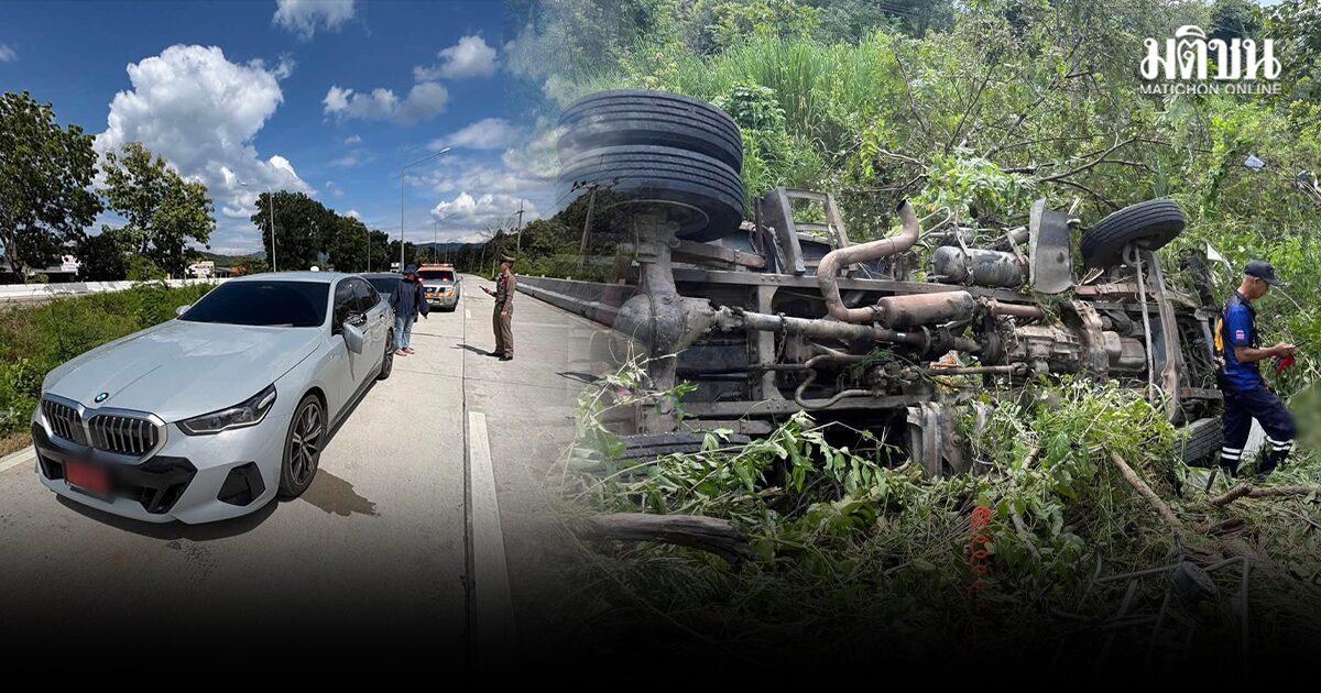 Six-Wheel Truck Plunges into Ravine Following Collision