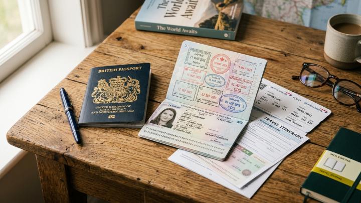 International passport with official entry stamps and travel documentation for Thailand