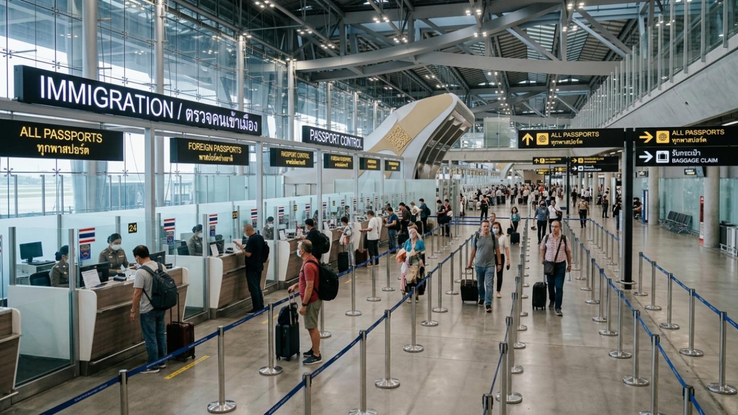 Passport control and immigration inspection checkpoint at a Thai international airport