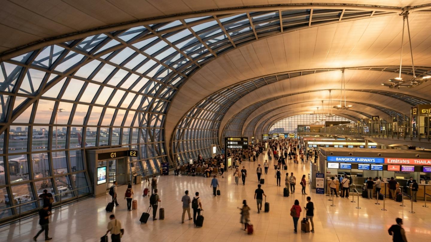 Modern passenger concourse and terminal architecture at Bangkok Suvarnabhumi International Airport