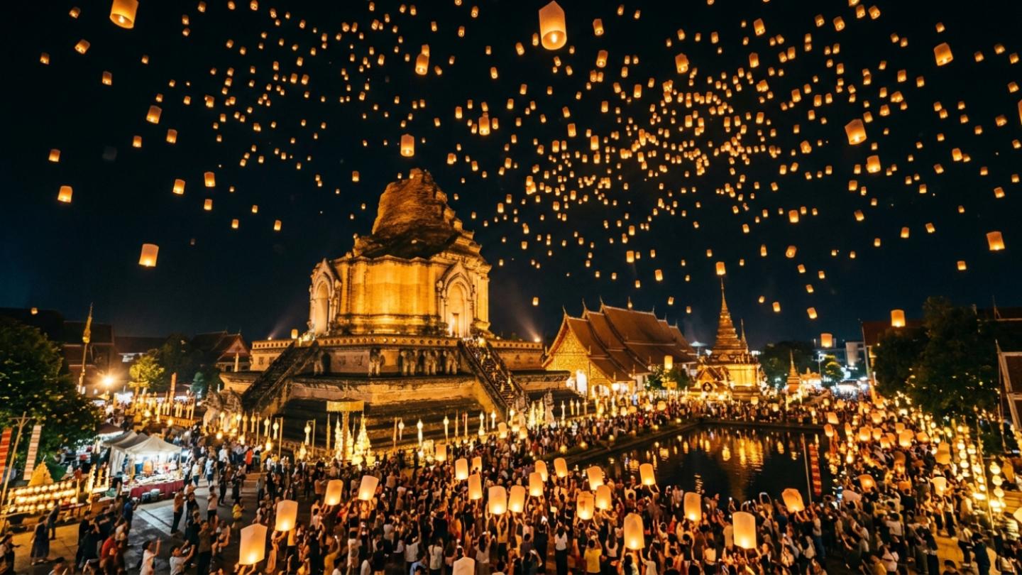 Thousands of glowing sky lanterns released over an ancient temple in Chiang Mai during Yi Peng festival