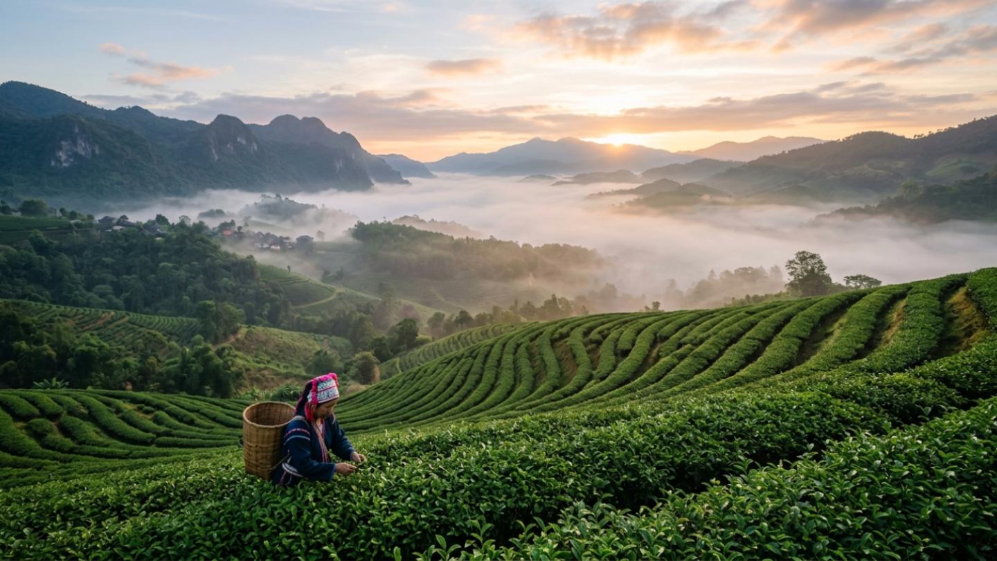 Lush green tea plantations and morning mountain mist in Northern Thailand during November
