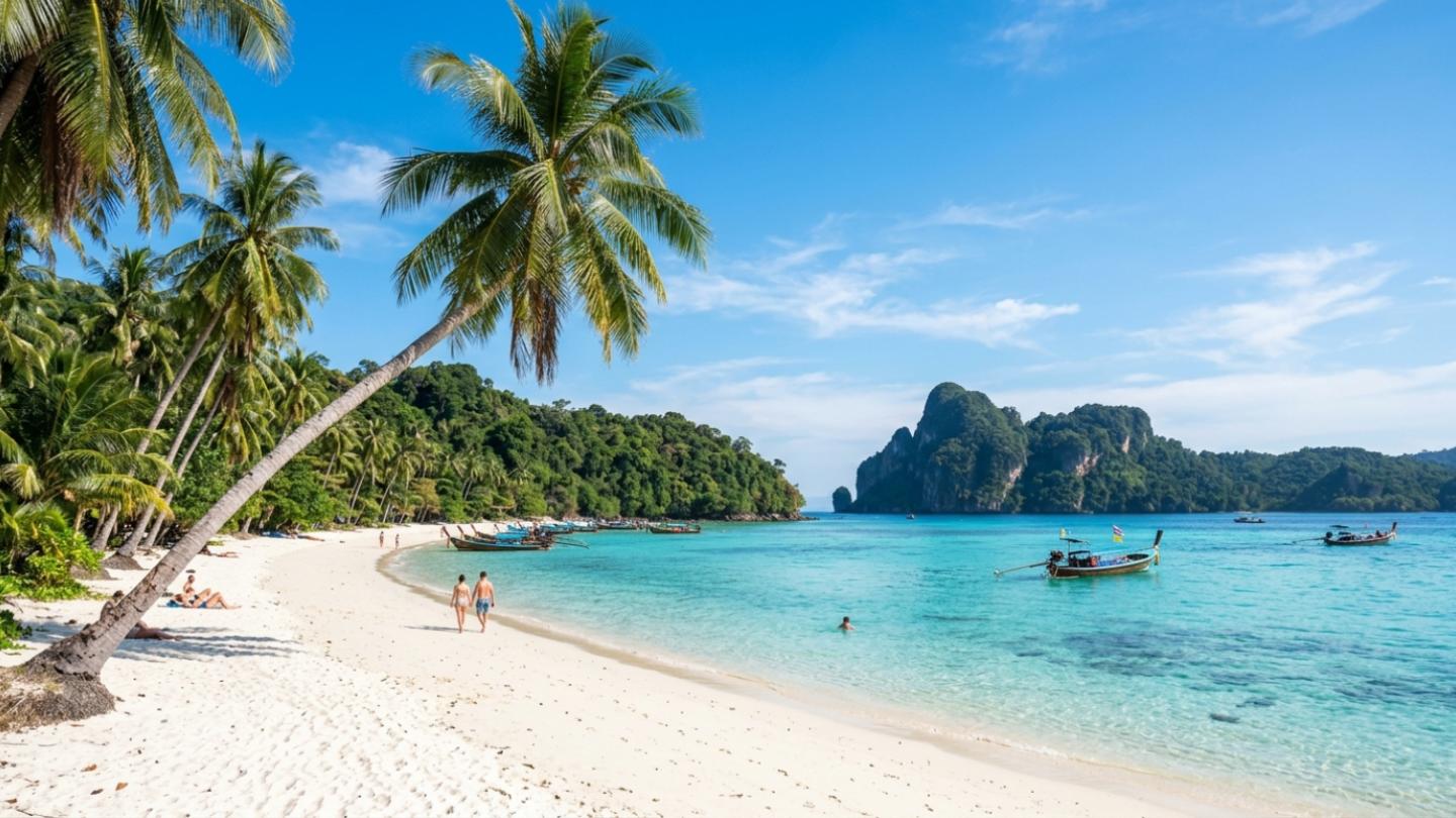 Sunny tropical beach with crystal turquoise waters and palm trees in Southern Thailand during December