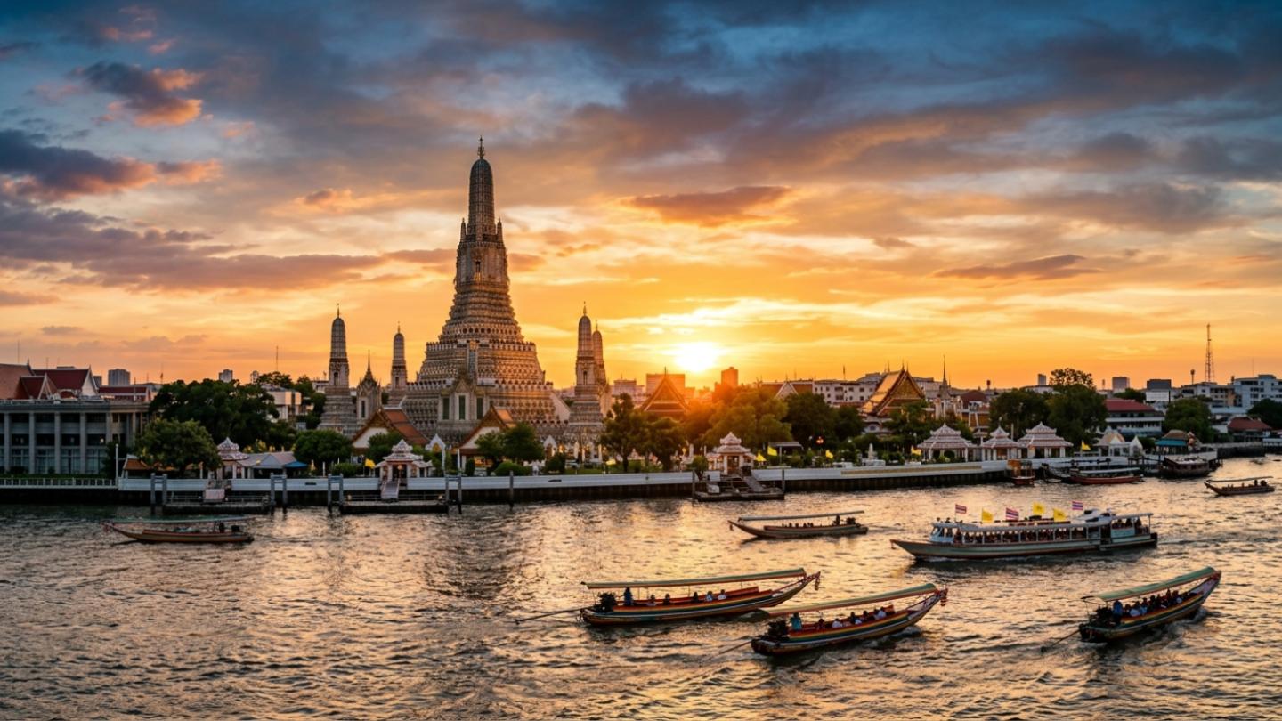 Panoramic view of Wat Arun Temple of Dawn along the Chao Phraya river during golden hour in Bangkok