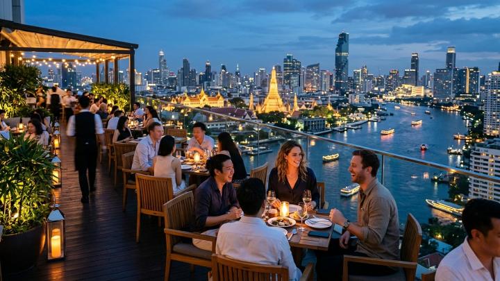 Bangkok rooftop restaurant showing holiday perception vs real daily living costs in Thailand