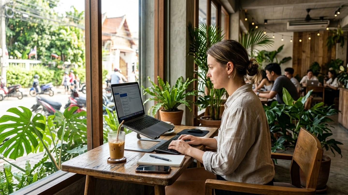 Digital nomad working on laptop in modern Thai co-working cafe