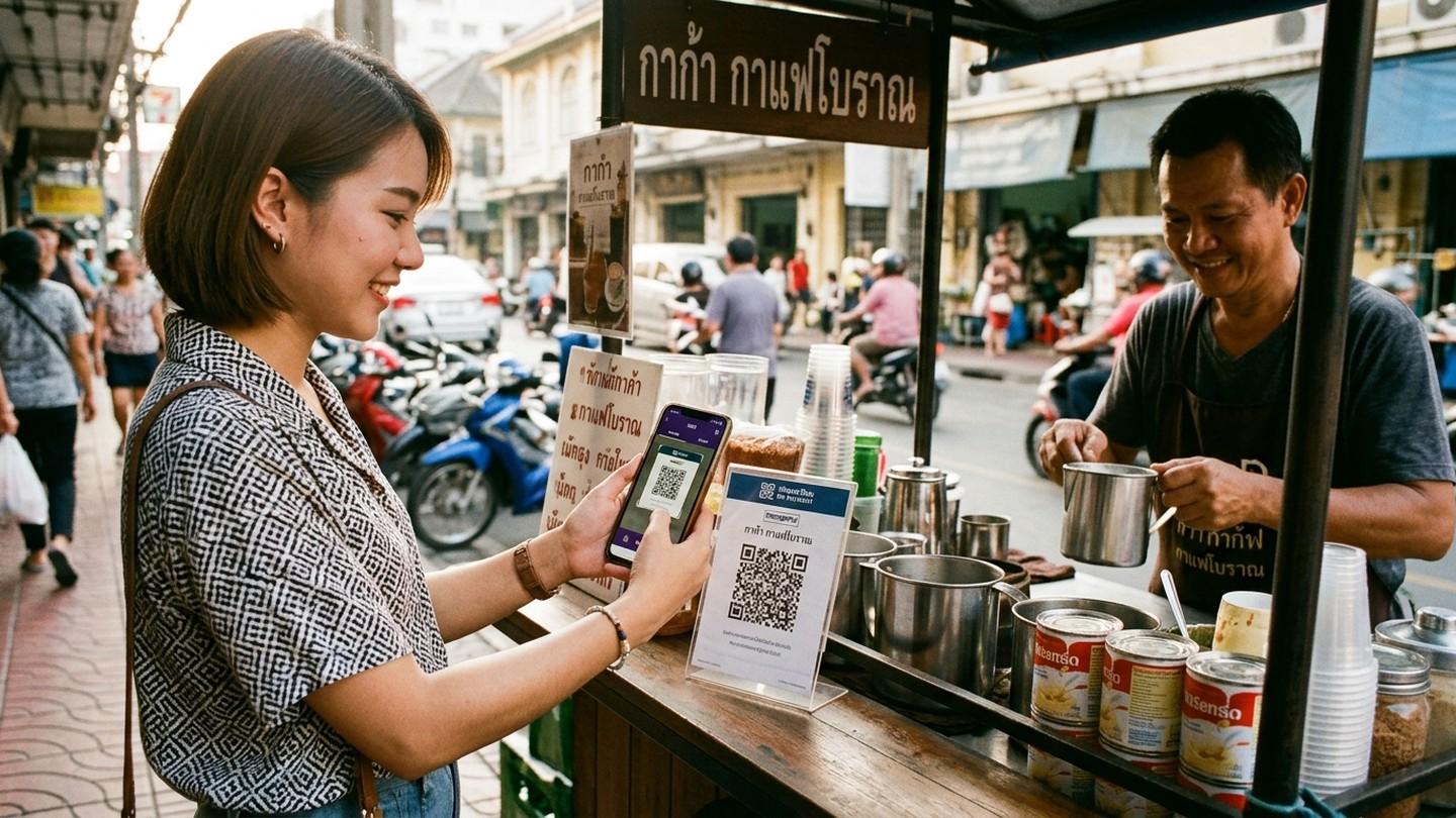 PromptPay QR payment terminal in active use at a Thai market stall