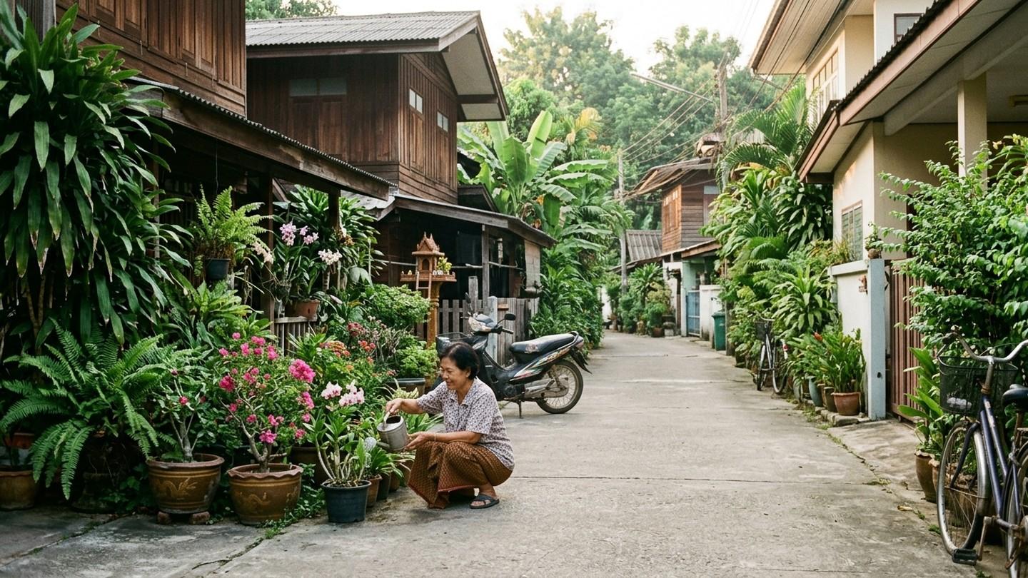 Peaceful Thai residential lane illustrating the choice between expat tourist districts and local communities