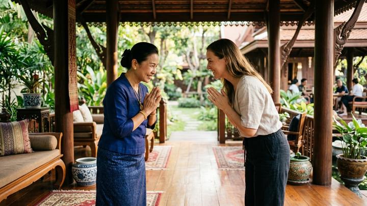 Warm and respectful social interaction showing the cultural concept of Kreng Jai in Thailand