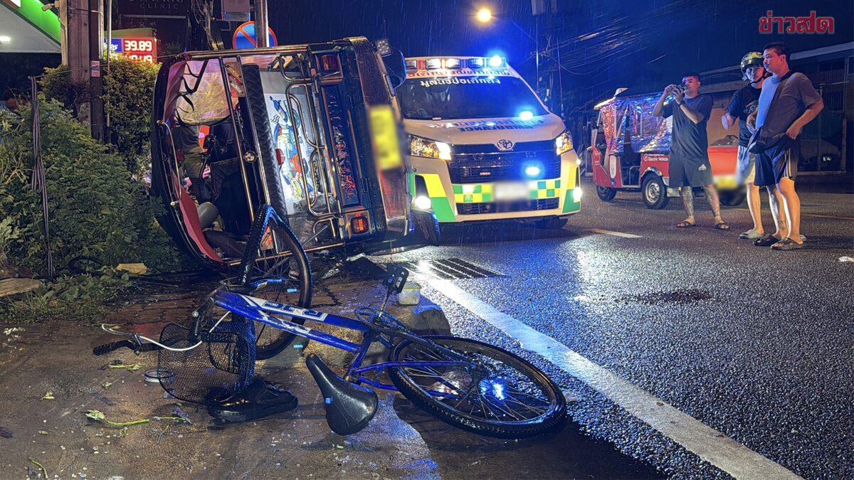 Grave acidente de trânsito envolvendo tuk-tuk e ciclista em Samut Prakan